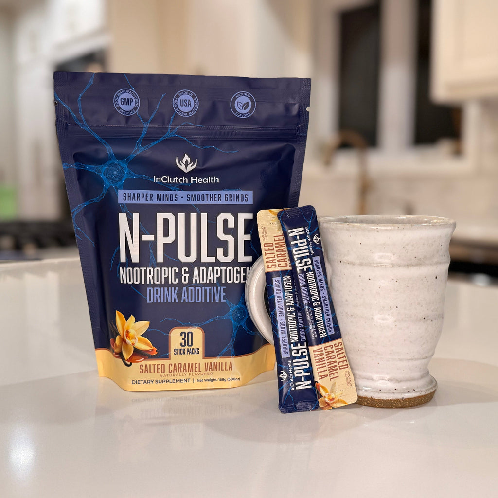 N-Pulse nootropic drink additive package with a mug and stick pack on a kitchen counter.