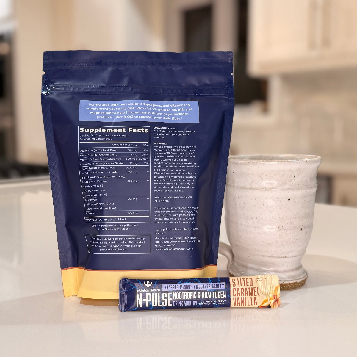 Supplement package and bar on a kitchen counter