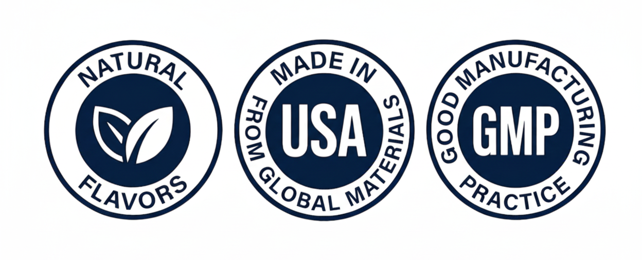 Three blue circular logos with text on a white background