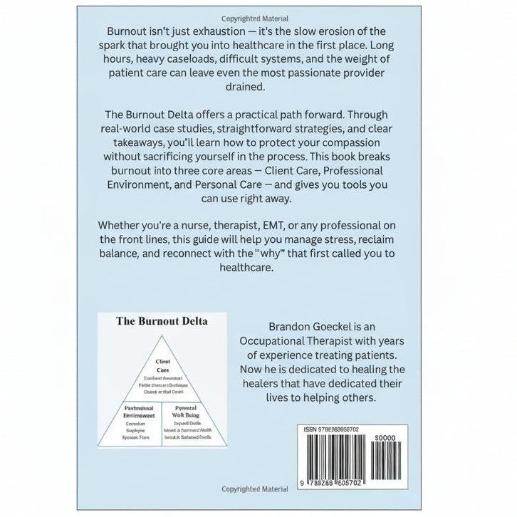 Book cover with text about burnout in healthcare professionals and a pyramid diagram.