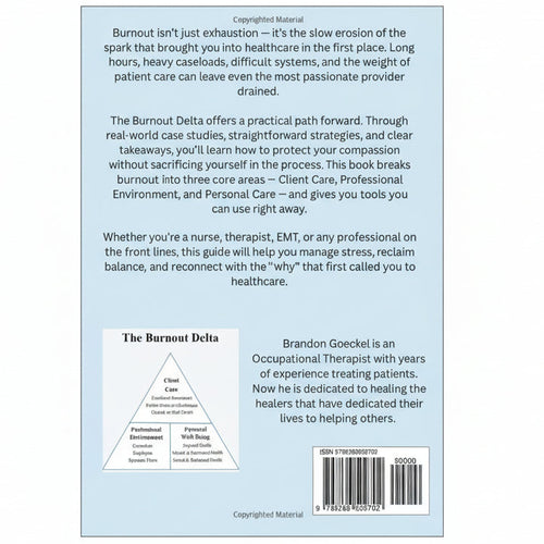 Book cover with text about burnout in healthcare professionals and a pyramid diagram.